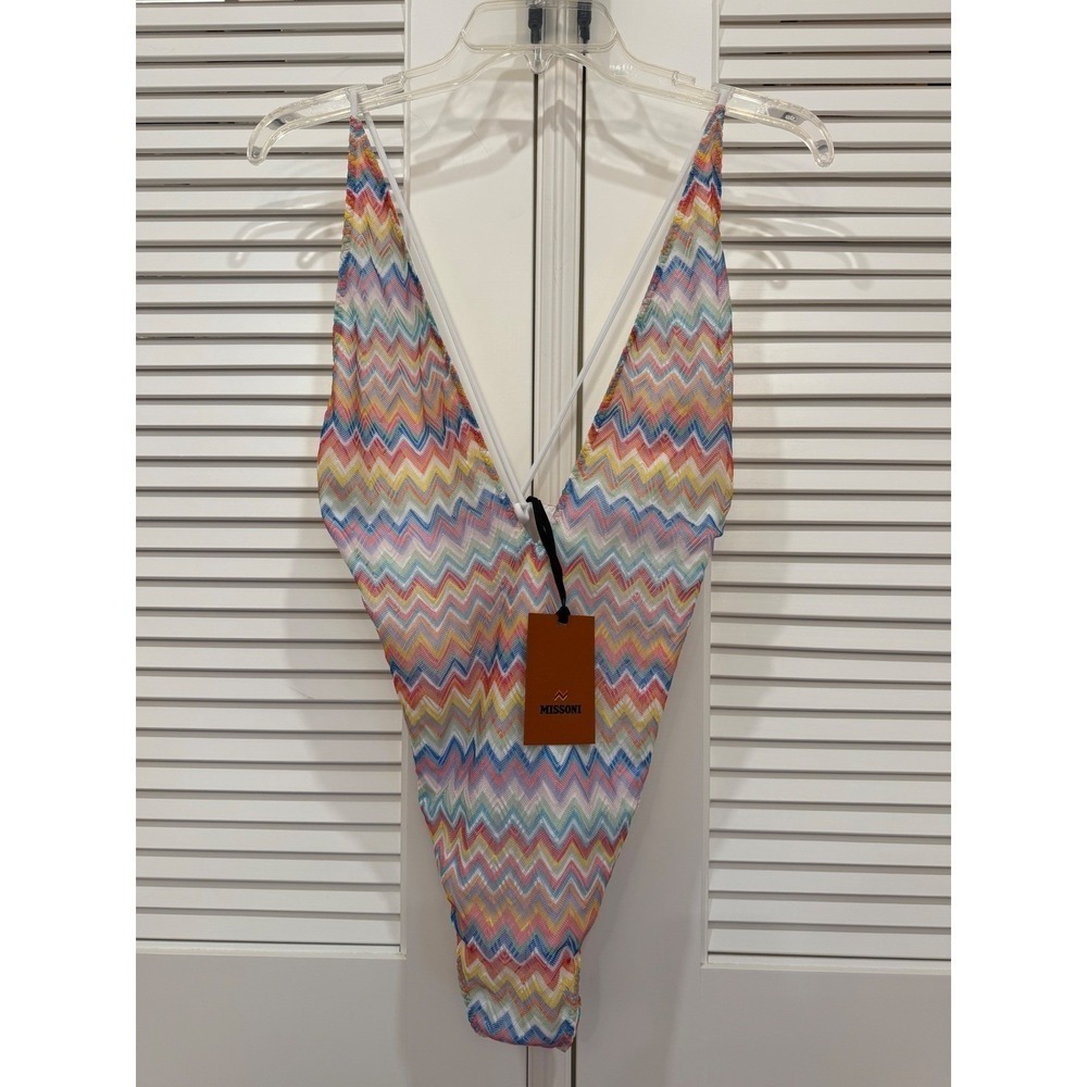 Missoni Mare Women Multicolor Zigzag Knit Deep V-Neck One-Piece Swimsuit NEW - Picture 6 of 6